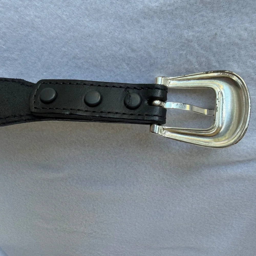 Brighton Leather Belt Womens 46 Black Western Silver Concho Engraved Buckle